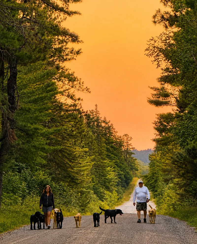 Guests walking dogs down the road toward the Black River