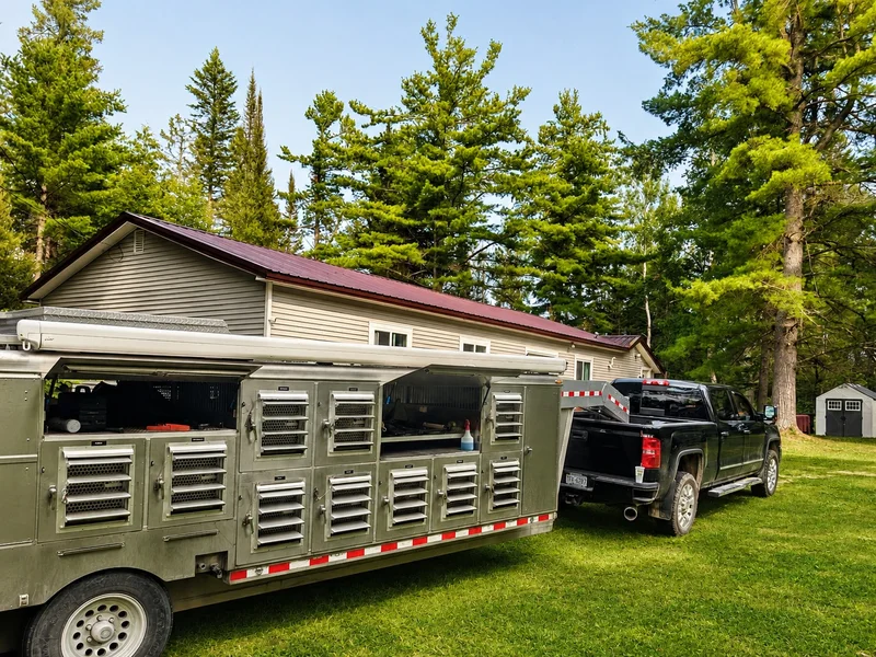 Guest hunting dog trailer and truck parked at the property